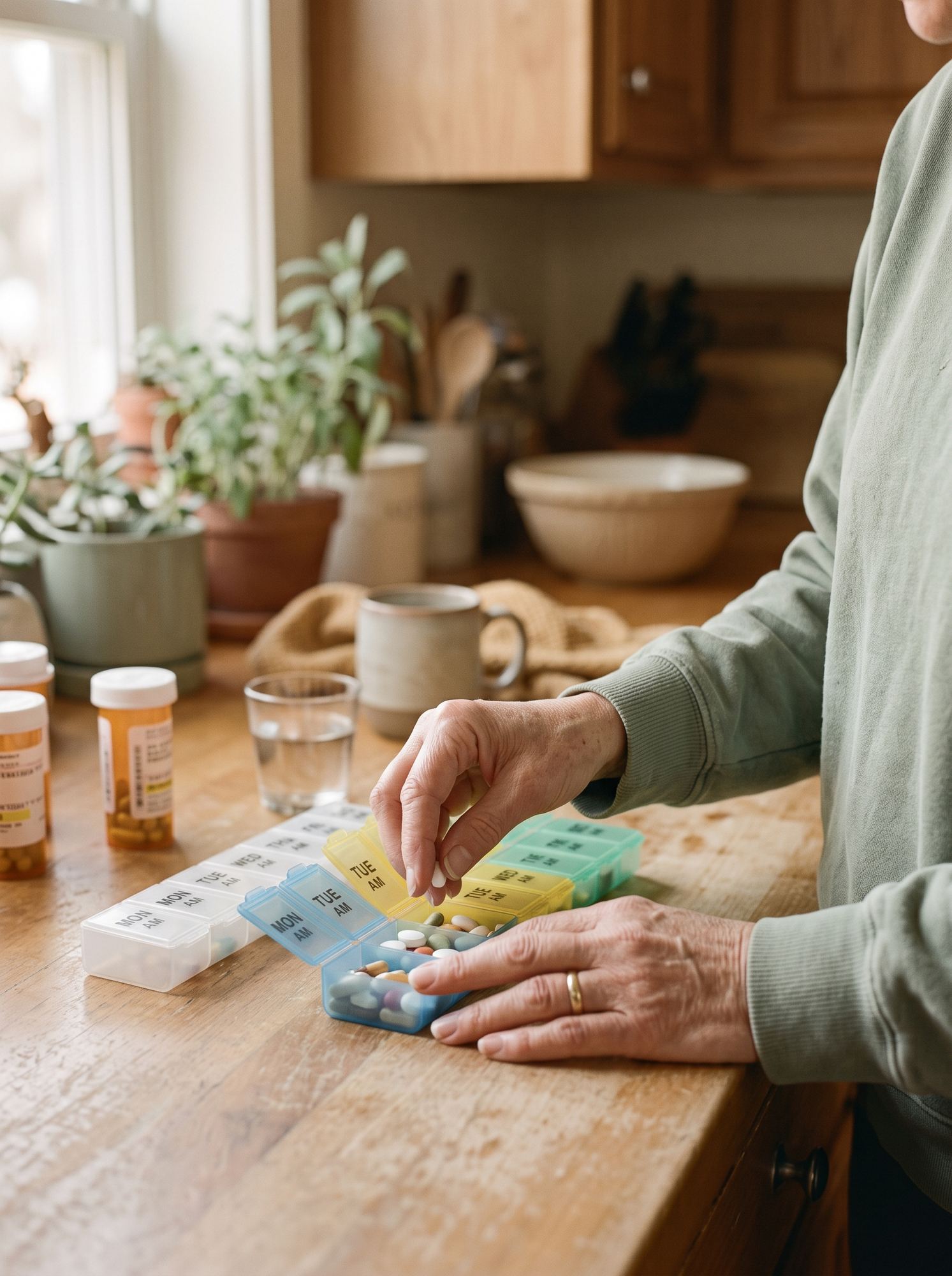 Caregiver organizing medication