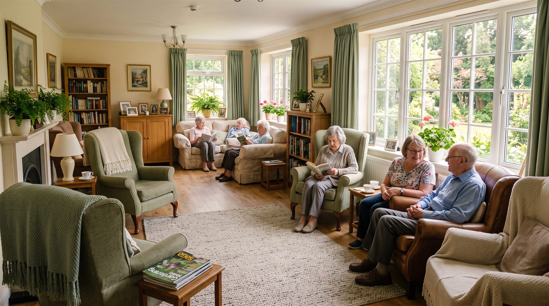 Residents relaxing together in a warm, home-like living room